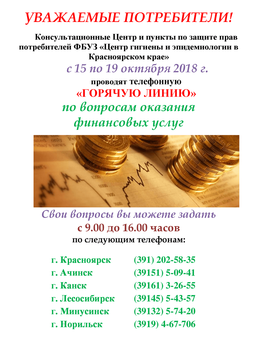 Горячая линия по вопросам оказания финансовых услуг с 15.10.2018 по 19.10.2018