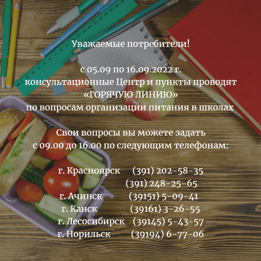 Горячая линия по вопросам организации питания в школах с 05.09 по 16.09.2022 г.
